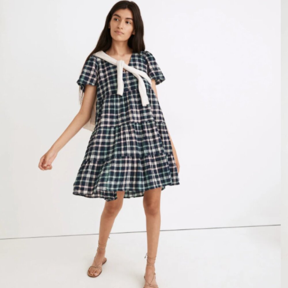 🌹 Madewell Plaid Button-Front Tiered Babydoll Short Sleeve Dress Size Small